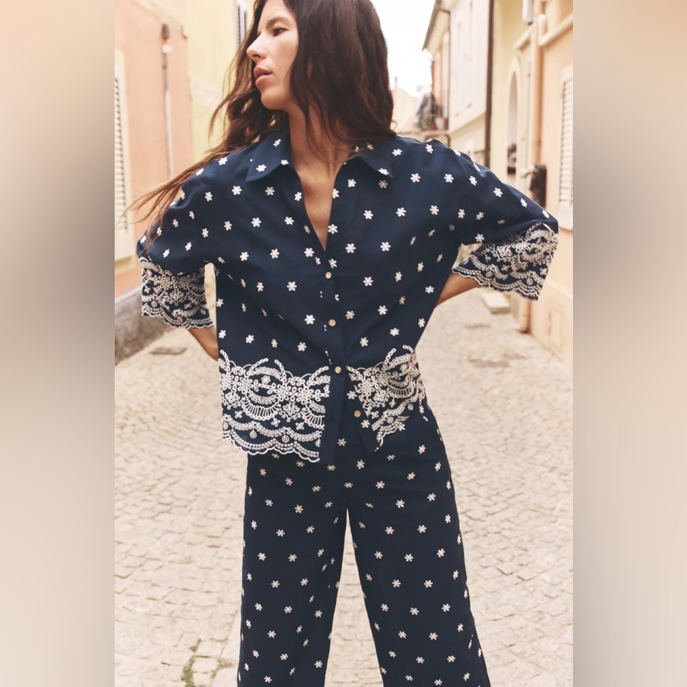 Zara Navy Embroidered top